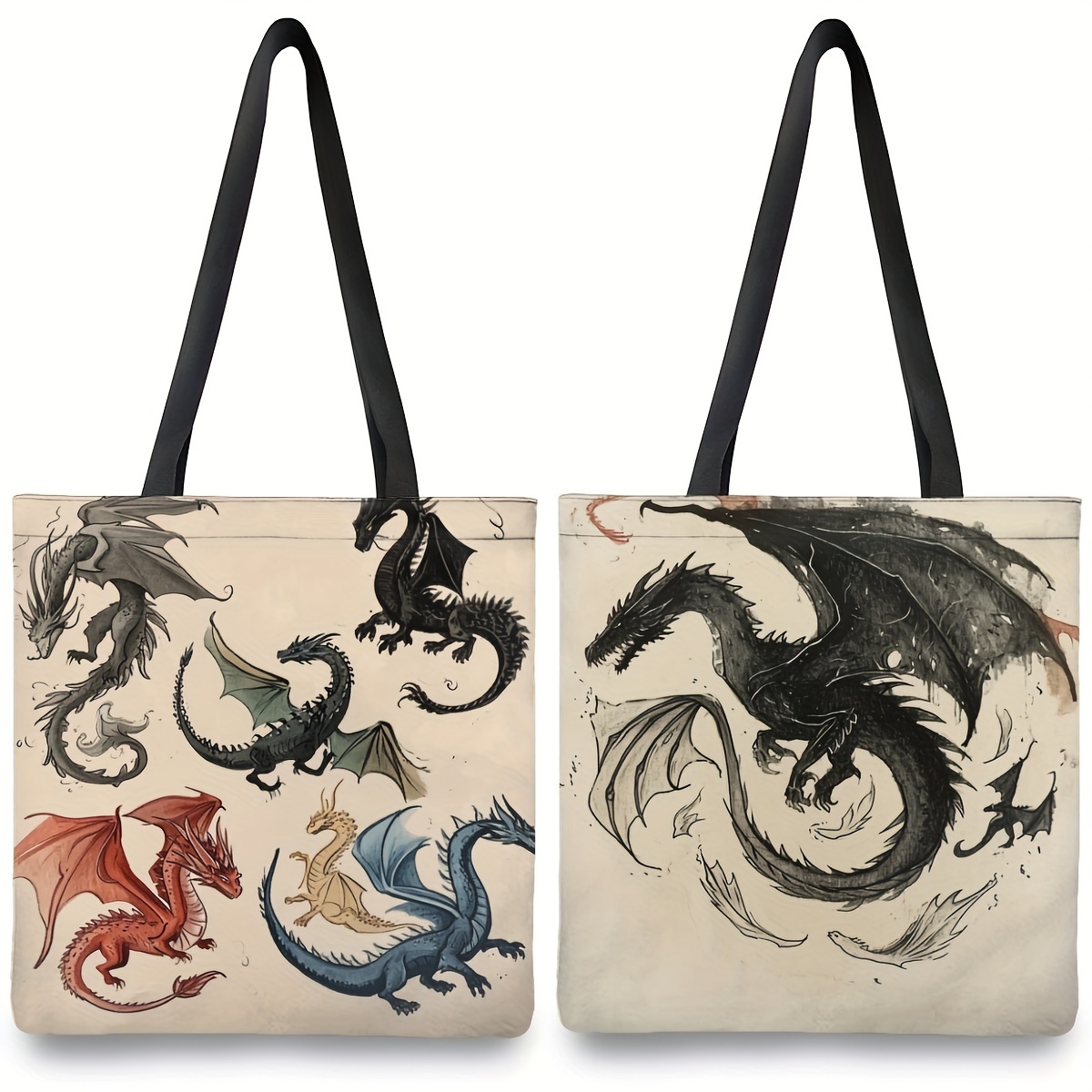 

1pc Dragon Tails Pattern Canvas Tote Bag, Various Tails Graphics Women's Shopper Bag, Large Beach Bag 15.74x13.74 In