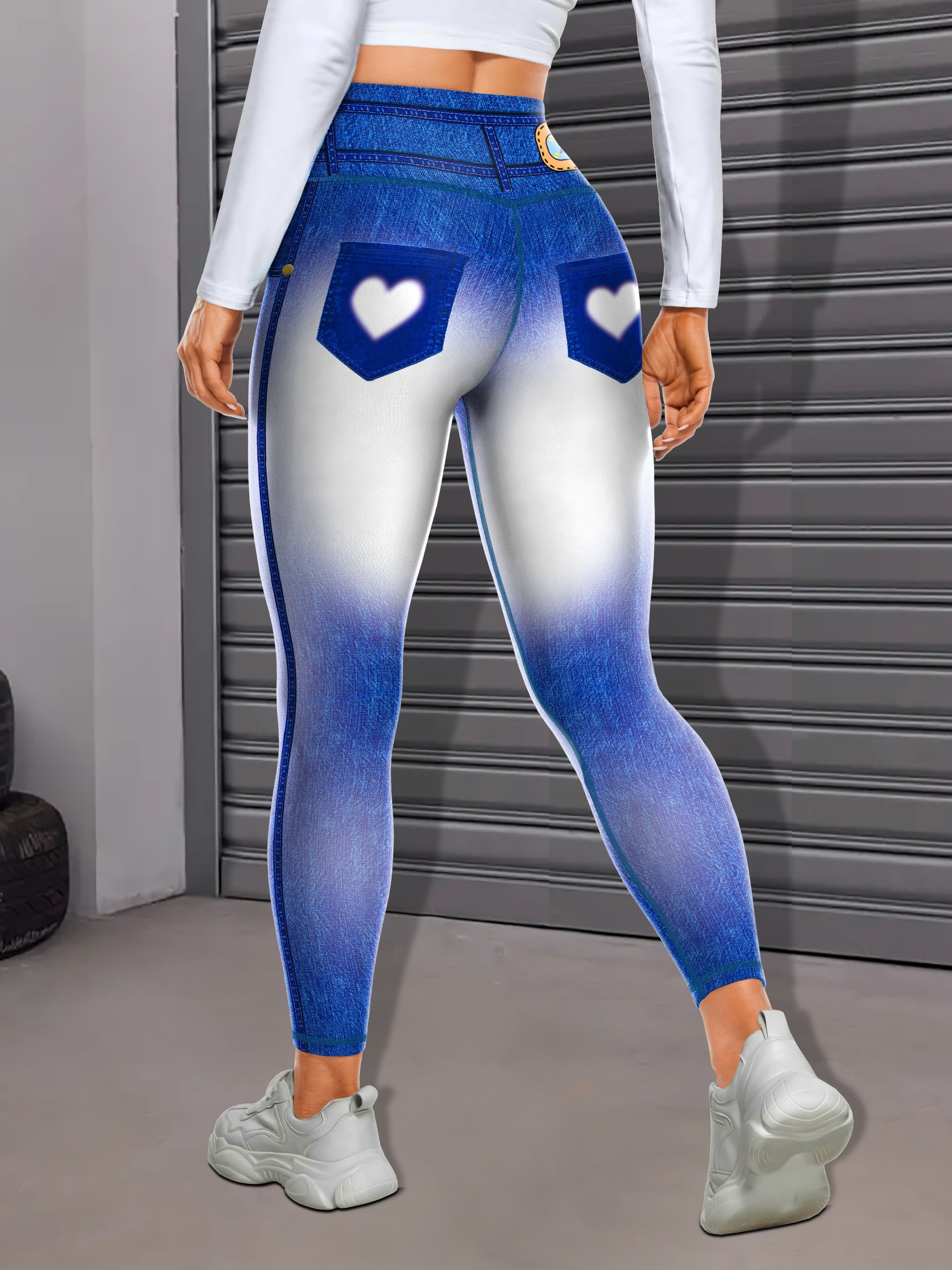 Simulation Jeans Faux Denim Print Gradient Yoga Leggings, High Waist Butt  Lifting Tummy Control Sports Tight Pants, Women's Activewear