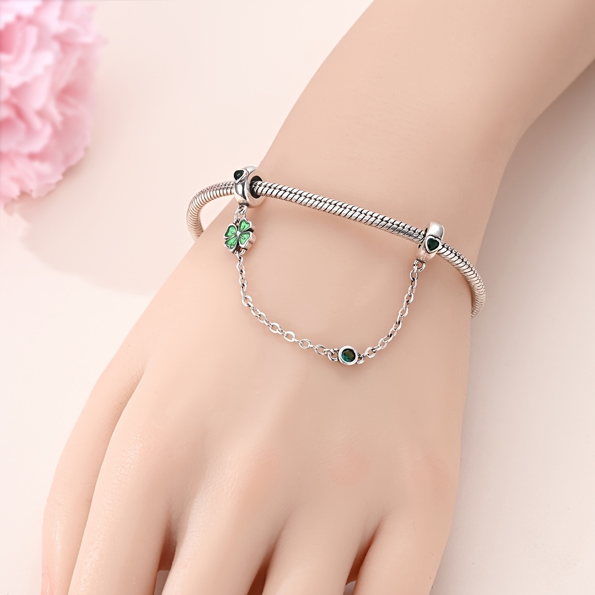 Uniquely Designed Silvery-Colored Charm Beads, Clover Safety Chain