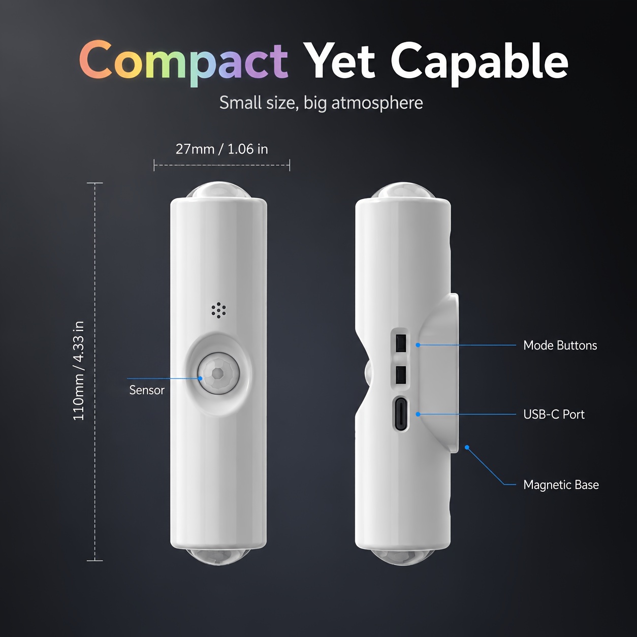 TEMU Rgb Motion Sensor Magnetic Wall Light, Built-in 330mah Battery, Dual-sided Glow, 9 Lighting , Dimmable Memory Function, Usb-c Rechargeable, Ip44