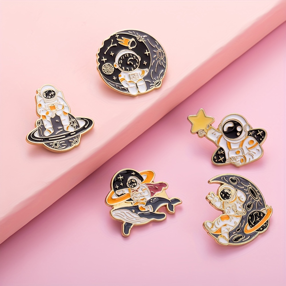 Image of 5 Sets Of New Astronaut Brooches, Metal Badges, Whale, Moon, Lunar, Book Pins