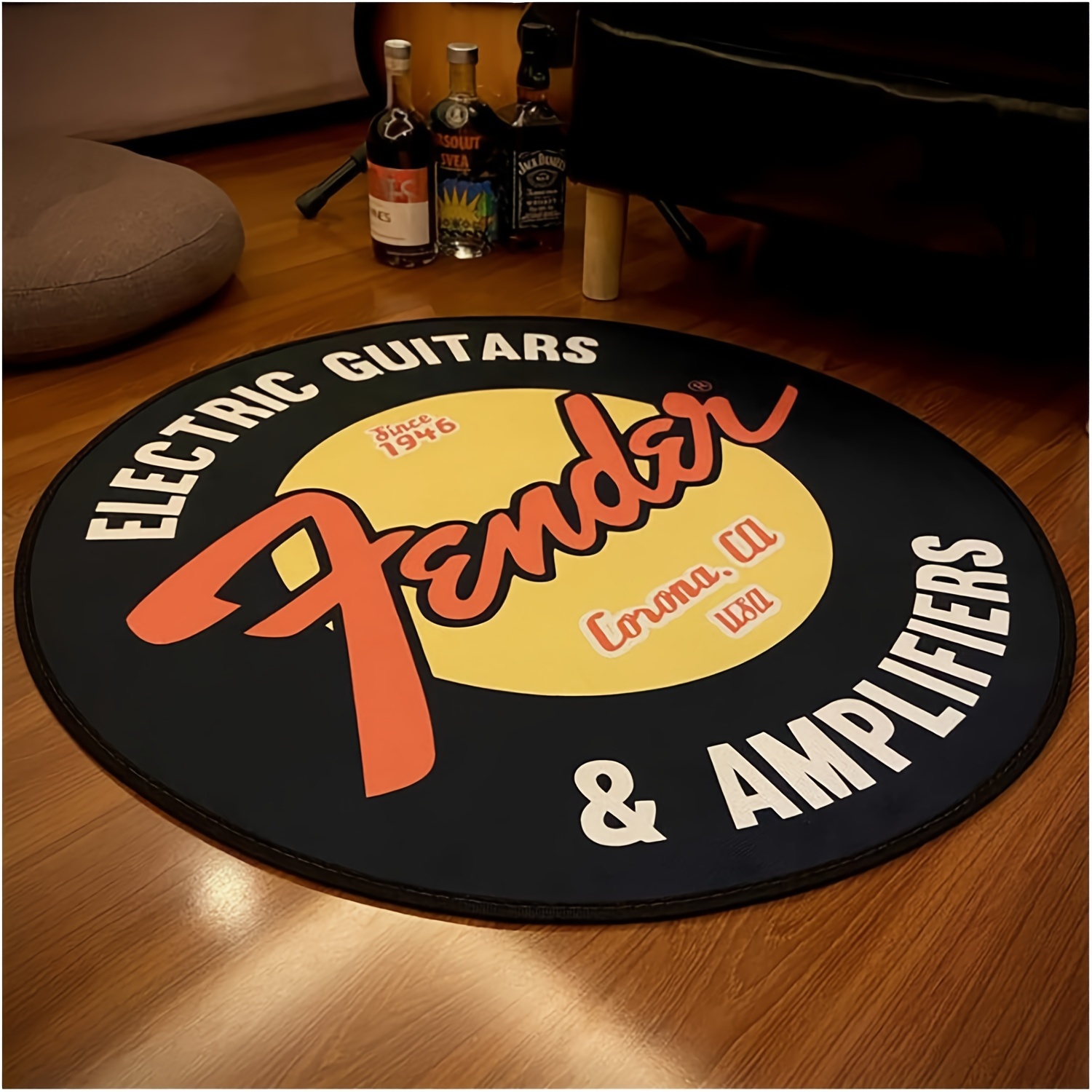   amplifiers round area rug non slip polyester backing machine made entryway bedroom mat hand washable black plush carpet with guitar music print 1cm thickness details 1