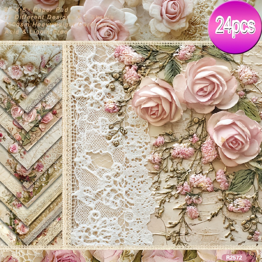 E-shop 24 Stück 6x6 Zoll Spitzenrose Ästhetisches -Papier -Muster Einseitiges Decoupage-Papierblock für DIY-Bastelarbeiten Journaling,