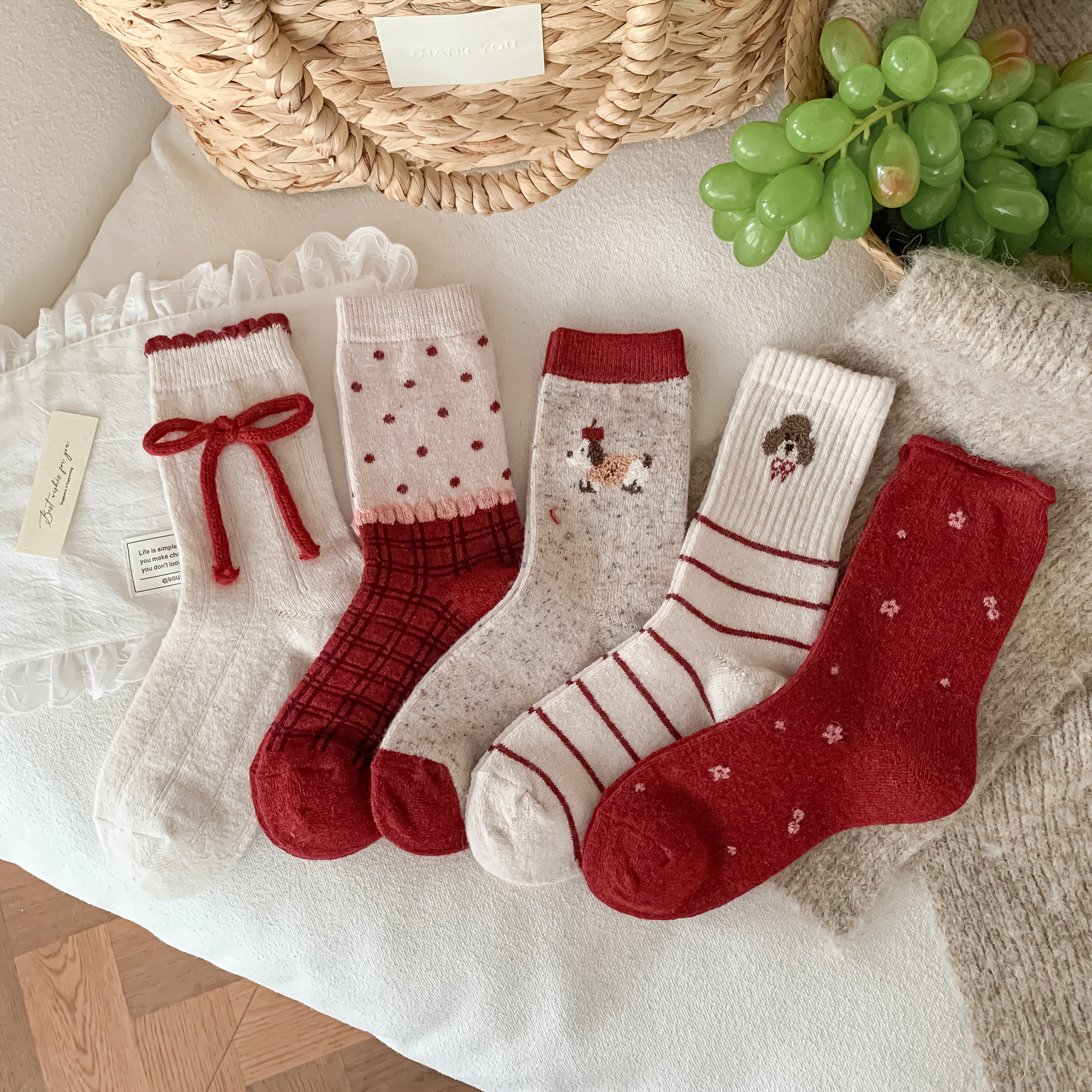 TEMU 5-pair Autumn/ Wool Women's Socks With Bow, Mid-calf Cute Cartoon New Year Socks, Warm And Fashionable Ladies' Socks