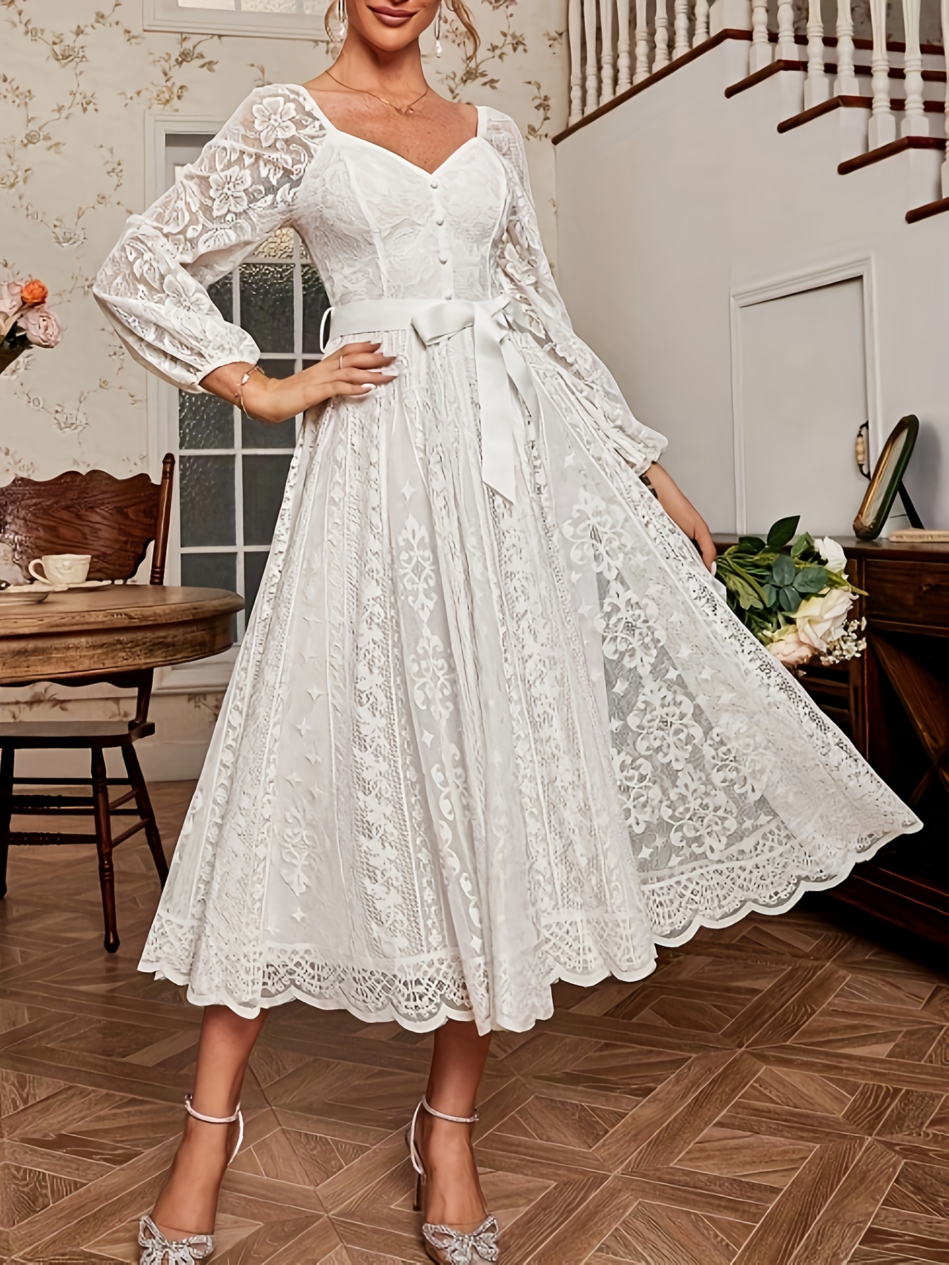 Wedding Guest Dress Women'S New Elegant Retro Lace Fan-Shaped Large Swing  Long-Sleeved Dress