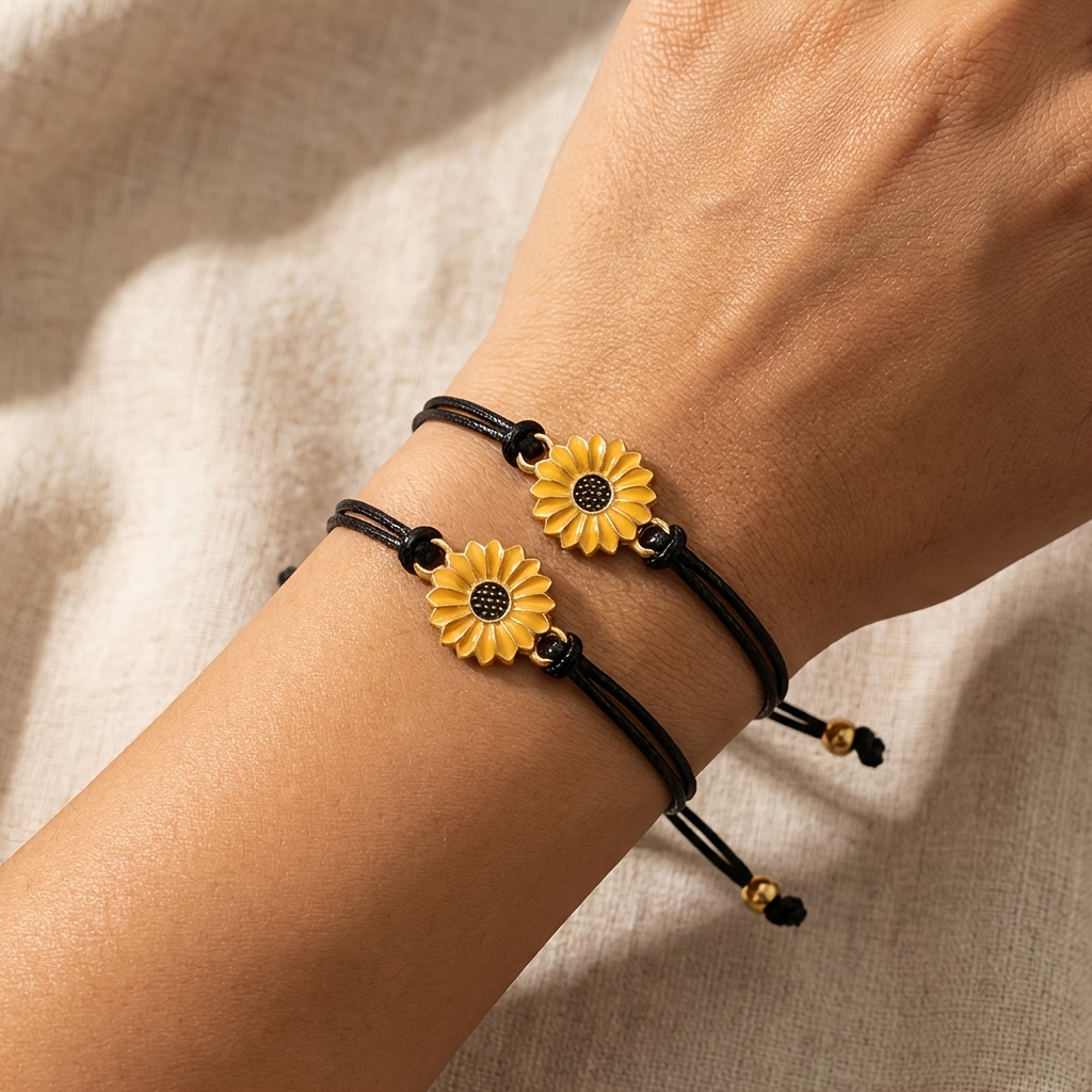TEMU 2-pack Elegant Black Braided Rope Sunflower Pendant Bracelets | Versatile For Daily Wear And Parties, Ideal Gift For