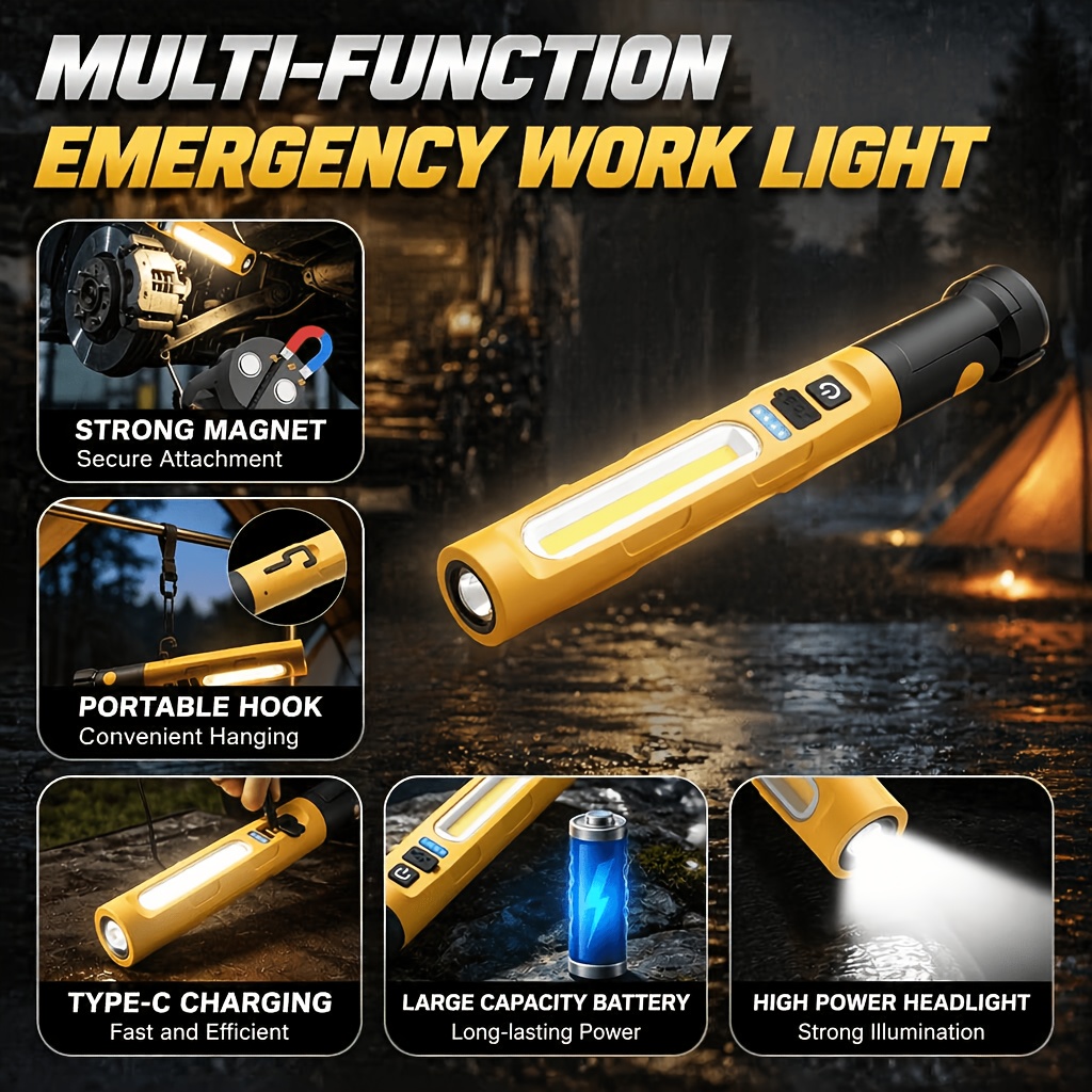 TEMU Portable Magnetic Led Work Light, Rechargeable Magnetic Hook Work Light For Car Repair, Inspection, Garage, Workshop, Emergency Cordless Battery