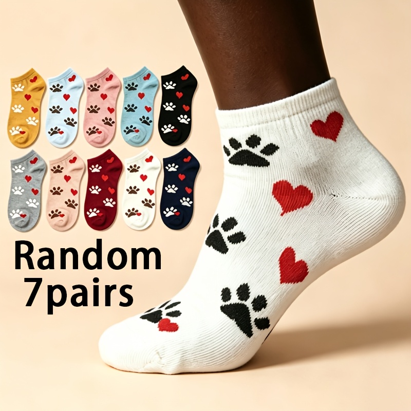 TEMU Random 7 Pairs Unisex Casual Spring Paw Heart Cute Pattern Thin Lightweight Comfortable Lightweight Boat Socks