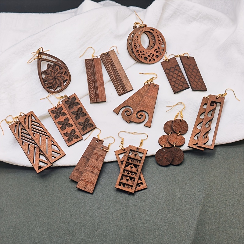 

10-piece Set Of Vintage Wooden Earrings - Carved Fish Scale & , Hollow-out Fashion Dangles For Everyday Wear Large Dangle Earrings For Women Small Dangle Earrings For Women