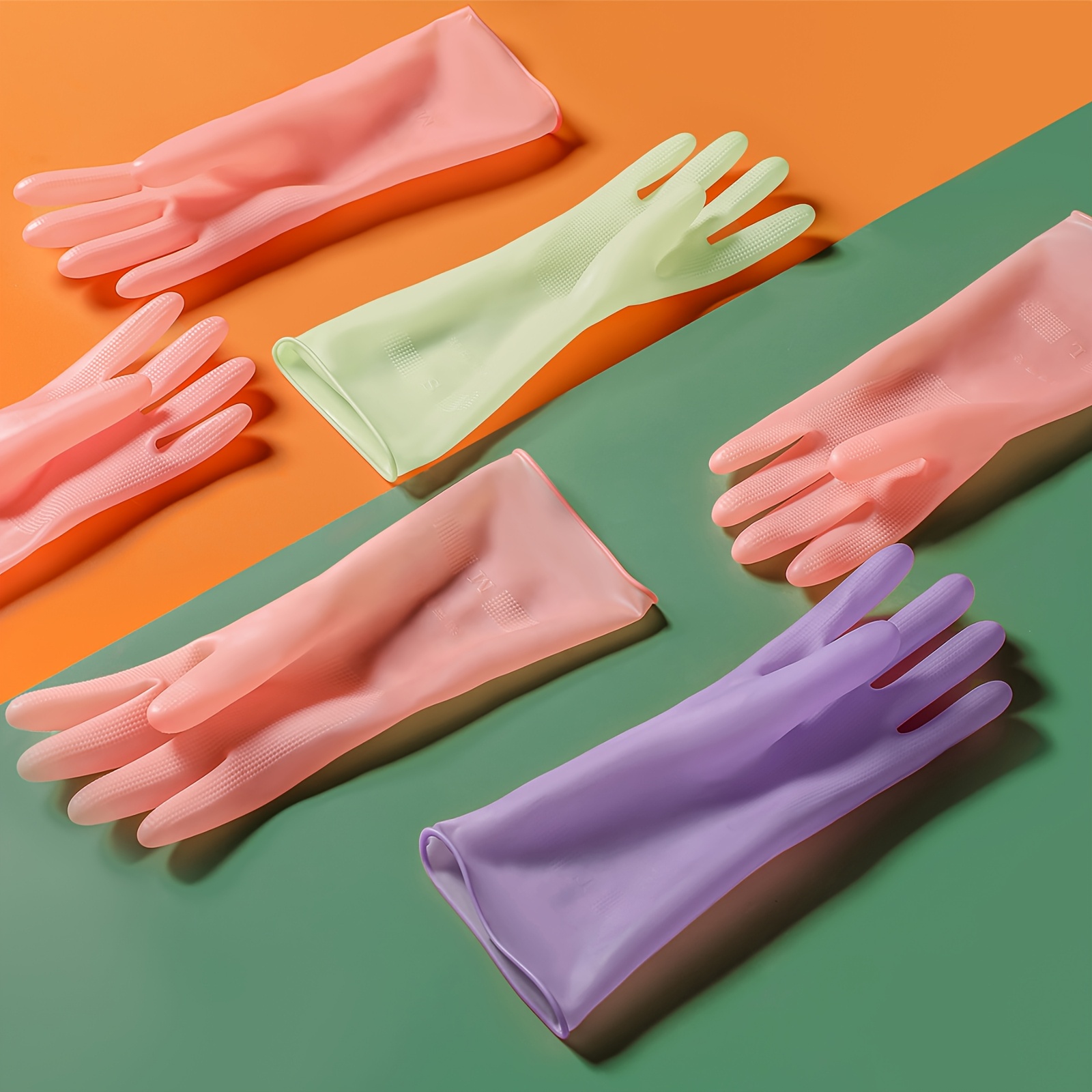 3 pairs of pink silicone cleaning gloves - waterproof, non-slip grip for kitchen, bathroom, laundry |   rubber dishwashing & household gloves, alcohol-free material details 1