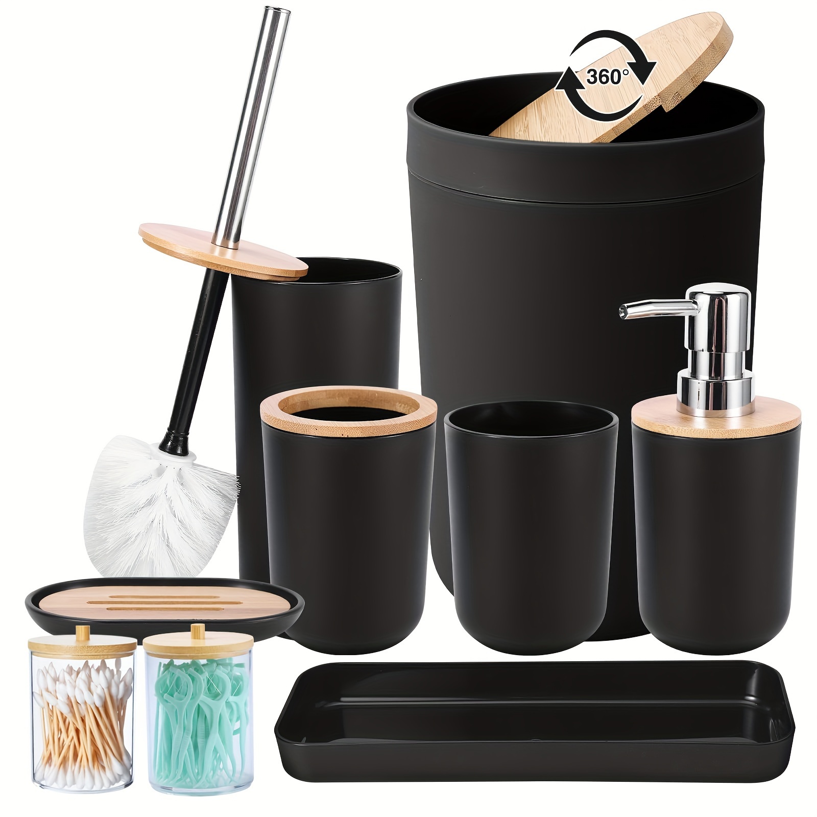 

9pcs Black Bamboo Cover Bathroom Accessories Set With Trash Can, Toothbrush Holder, Lotion Soap Dispenser, Soap Dish, Tumbler Cup
