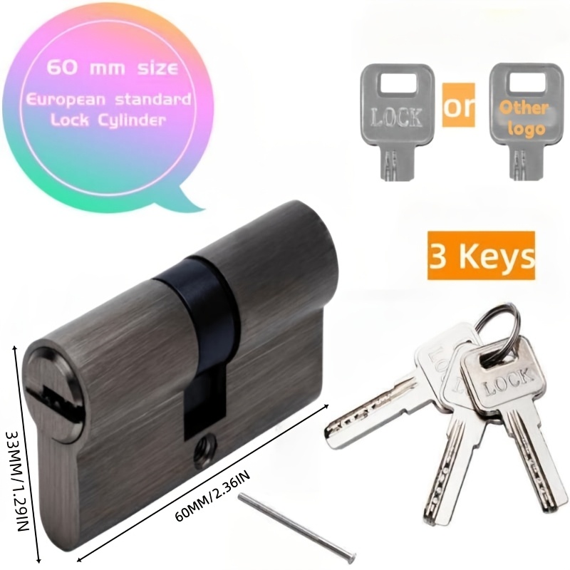 1pc Large Size 60mm Double Opening Alloy Lock Cylinder With 3pcs Iron Keys, Bidirectional Size 30mm/30mm. Safe. Suitable For Bedroom, Entrance Door, And Courtyard Door Lock Cylinder