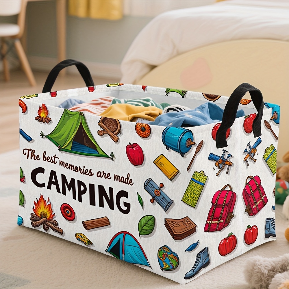 1pc extra large foldable square camping adventure basket colorful outdoor theme design tent hiking boots campfire suitable for dirty laundry book display car trunk and storage room organization camping gear shelf baskets