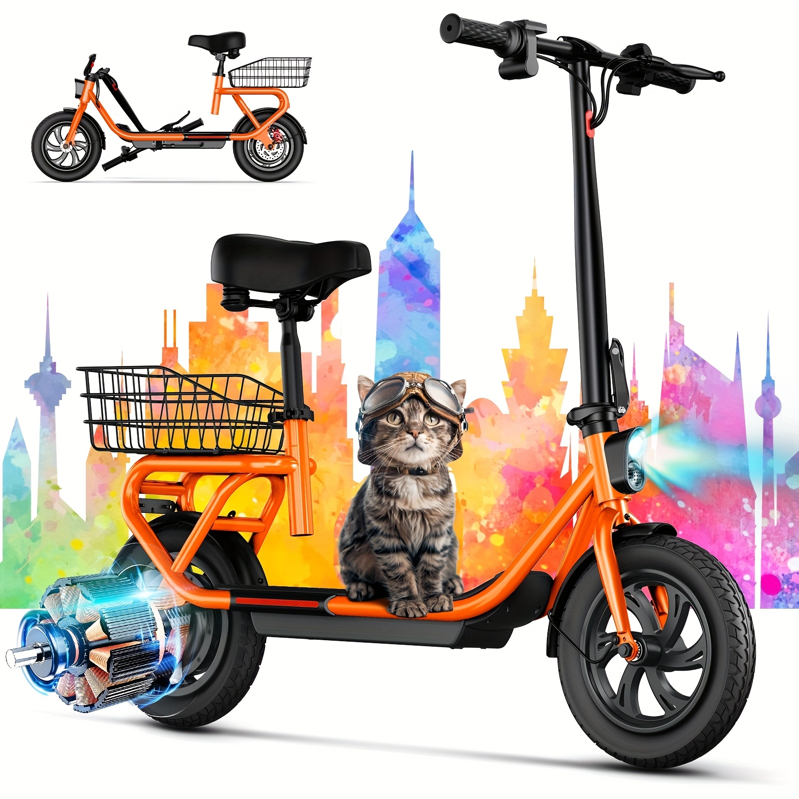 TEMU Electric Scooter For Adults With Seat, 20 Miles Long Range & 19 Mph Power By 350w Motor, 12" Pneumatic Tires, Height Adjustable Seat, Foldable Design, Rear Brake, Double Suspension, Orange