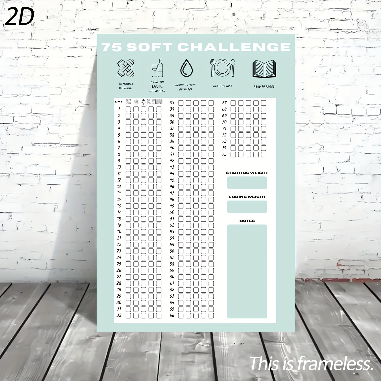 TEMU 1 stuk Frameless 75-dagen Zachte Uitdagings Tracker - Mintgroen Minimalistische dagelijkse gewoonte trackers met Voortgangsrooster, Wekelijks &