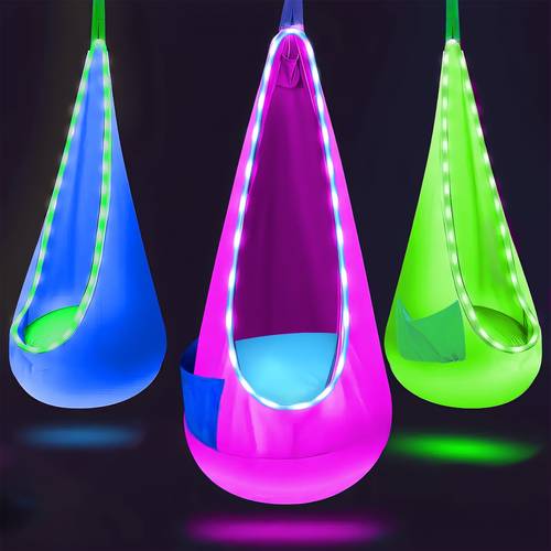 inflatable pod swing with led lights double inner and outer pockets strong hooks flexible straps and carrying bag for supports up to 120 lbs rooms or camping trips hammocks for bedroom without battery