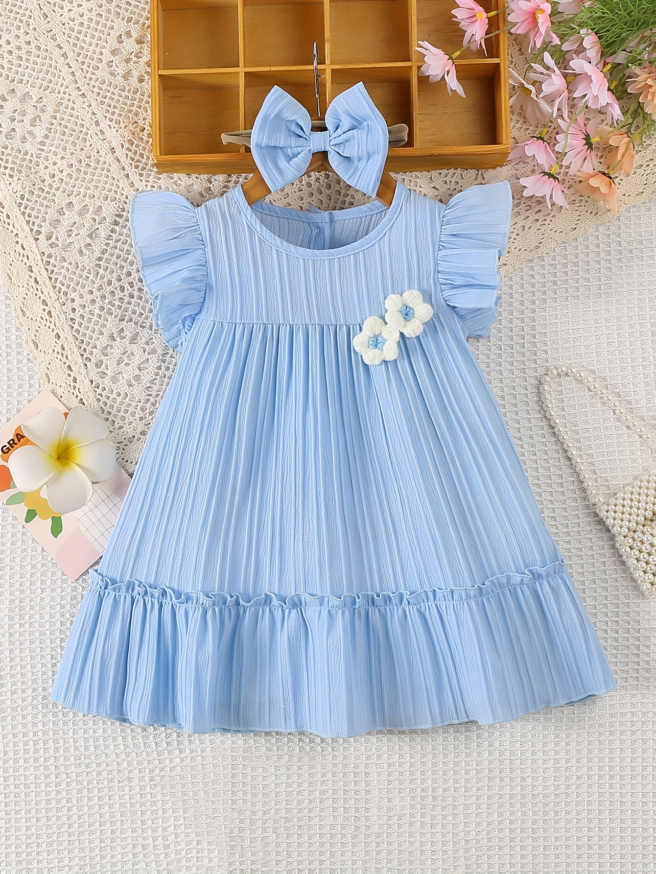 baby girls solid color casual sweet cute hand crocheted   flower flutter sleeve dress headband two piece set