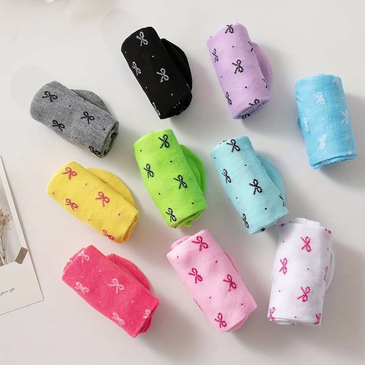 10-Pack Women's Ankle Socks in Candy Color with Heart Bow Stripes, Soft and Comfortable Casual Style Perfect for Valentine's Day Gift or Casual Attire