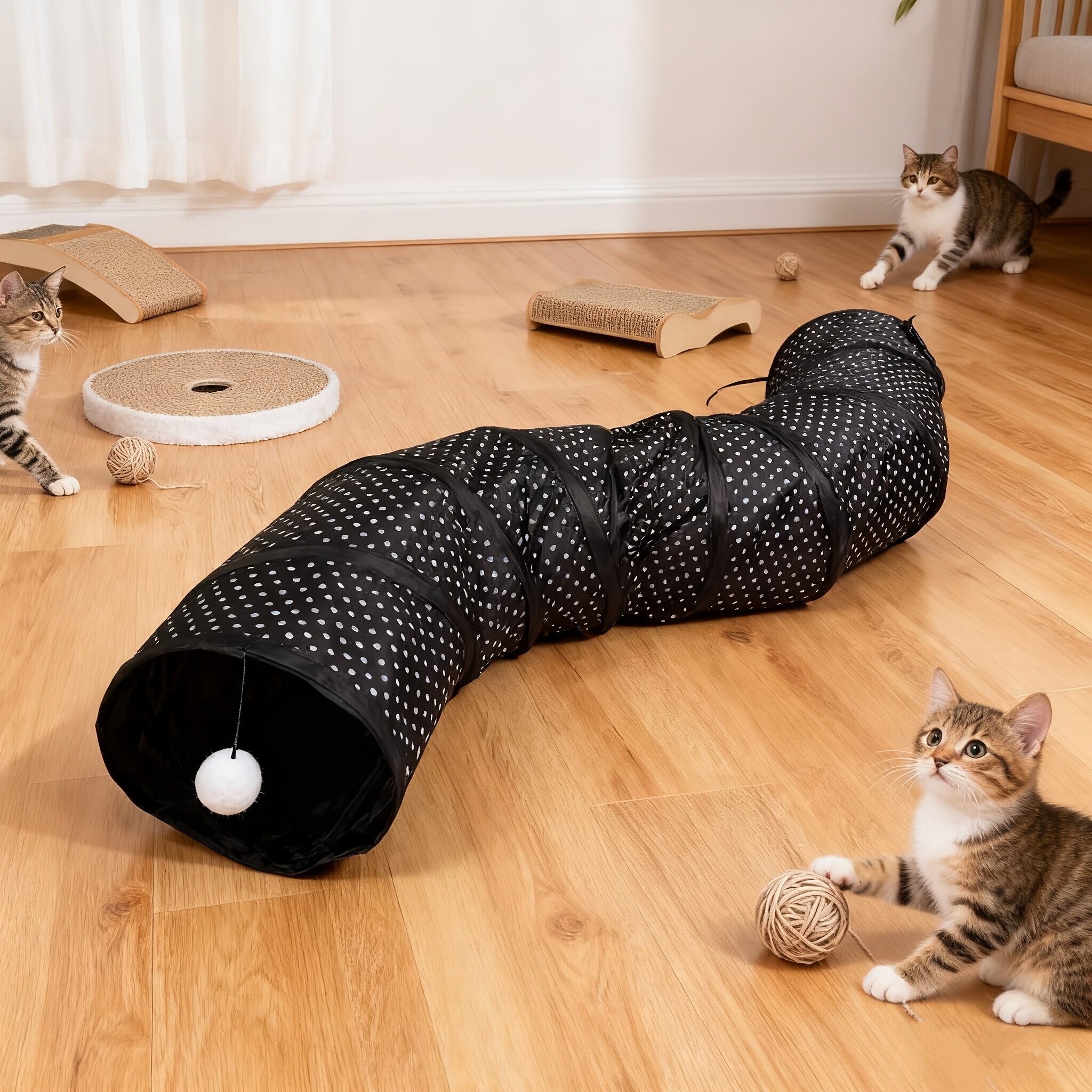 Image of Foldable Cat Tunnel Toy With Peek Window And Interactive Play Tube, Pet-friendly Polyester Material, Indoor/outdoor Fun For Cats, Multi-season Christmas Gift