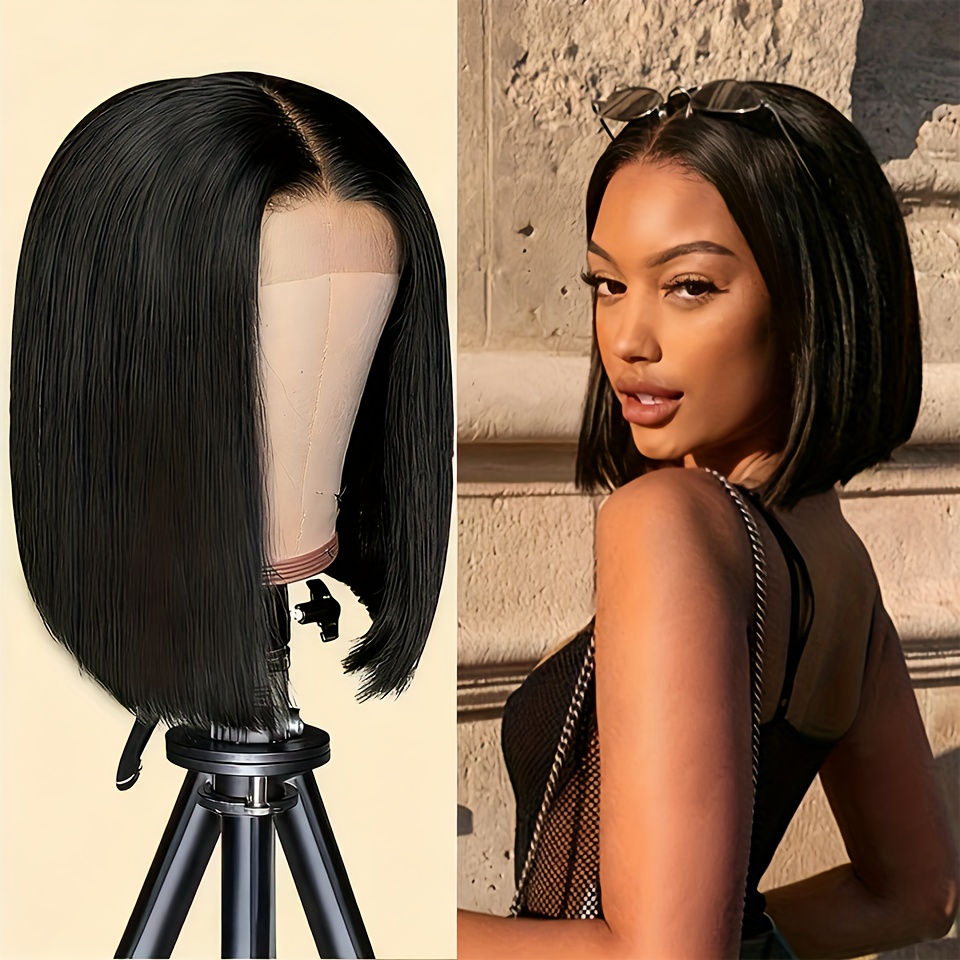TEMU 200% Density Short Bob Lace Front Human Hair Wigs Straight Wigs For Women 13x4 Hd Transparent Brazilian Lace Frontal Wig Pre Natural Black Color