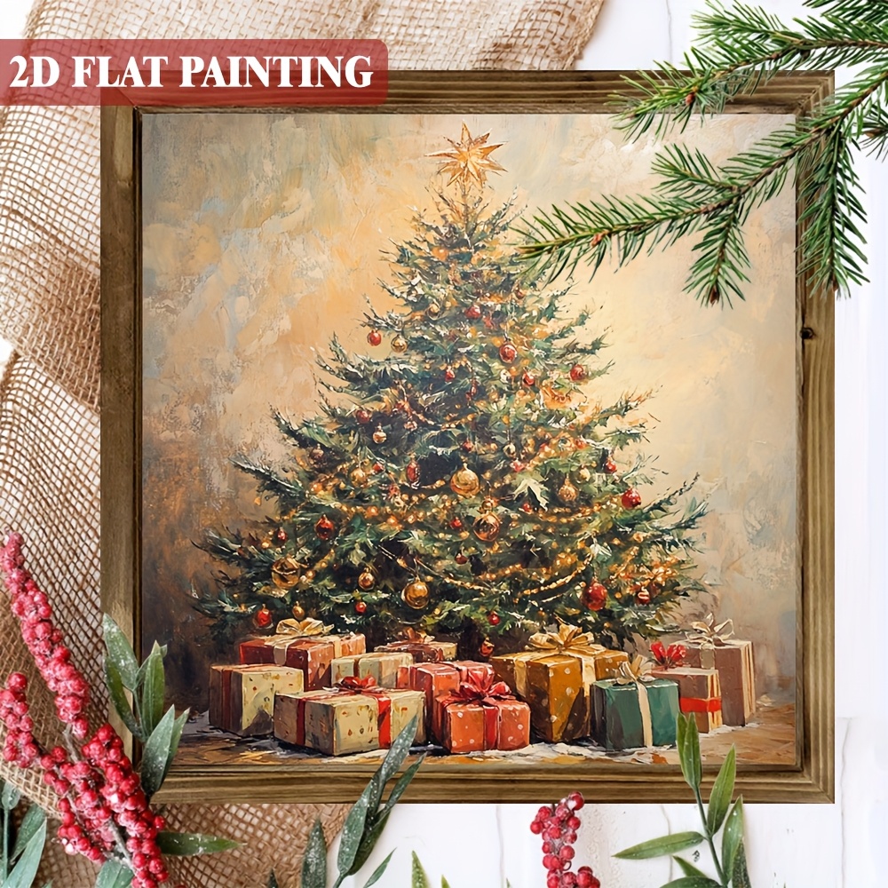 TEMU 2d Flat, 1pc Vintage Christmas Wood Wall Art - 8x8 Inch Wood Frame With Christmas Tree & Gift Paintings, Rustic Farmhouse Holiday Decor Tones