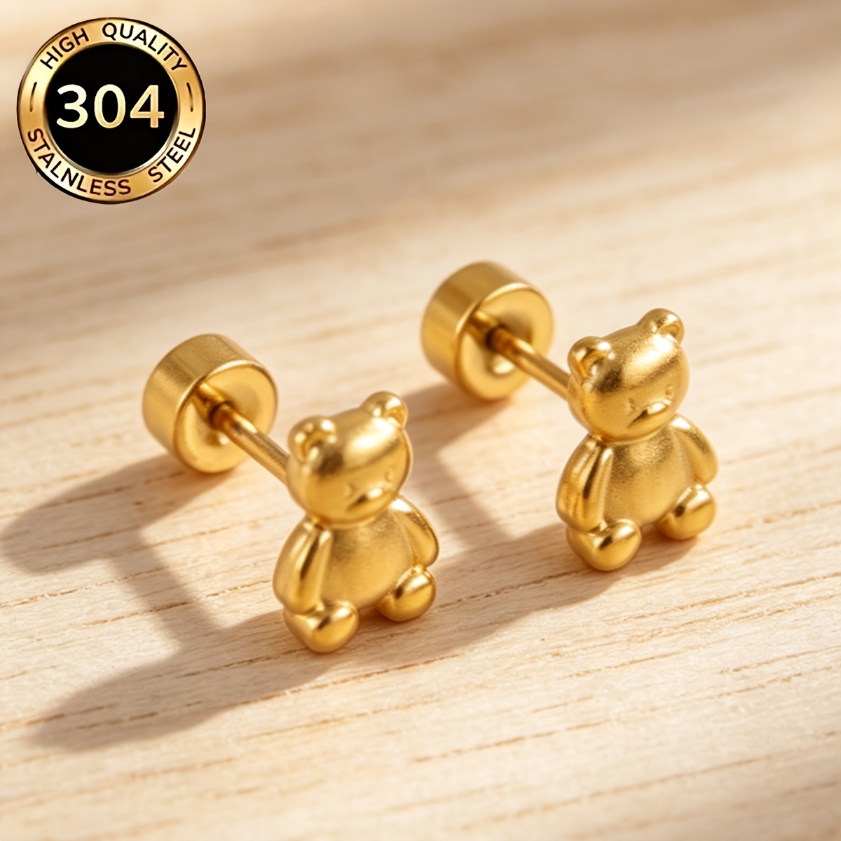 TEMU 1 Par de Pendientes de Botón de Oso Pequeño 3D de Acero Inoxidable 304, Decoloran, No Necesitan Quitar para Duchar o Dormir, Adecuados para el