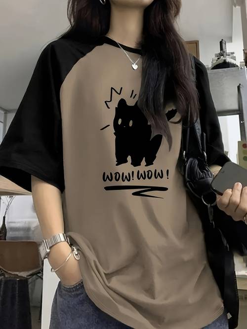 comfortable and stretchy t shirt fabric length style suitable for y2k style raglan sleeve round neck top with cute cat pattern and letter print