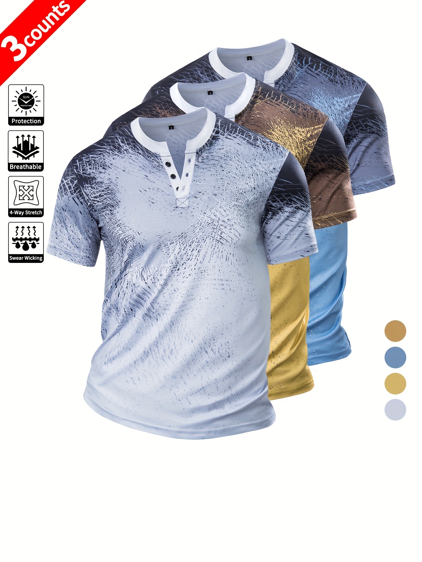 Ensemble de 3 chemises Henley décontractées pour hommes, respirantes, légères, confortables et durables, imprimé de couleurs dégradées, hauts de sport décontractés et chic, tissu en tricot doux et anti-usure à séchage rapide, coupe régulière pour le printemps