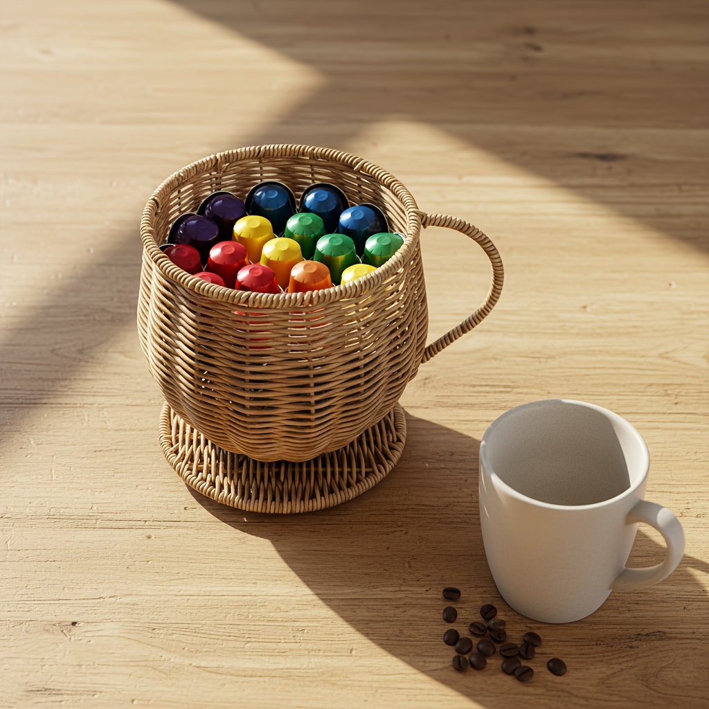 Image of 1pc Coffee Storage Basket - Rattan-like Woven Coffee Cup Organizer, Home Storage Basket, Desktop Organizer, Display Basket, Suitable For Home, Coffee Shop, Multifunctional Storage Basket