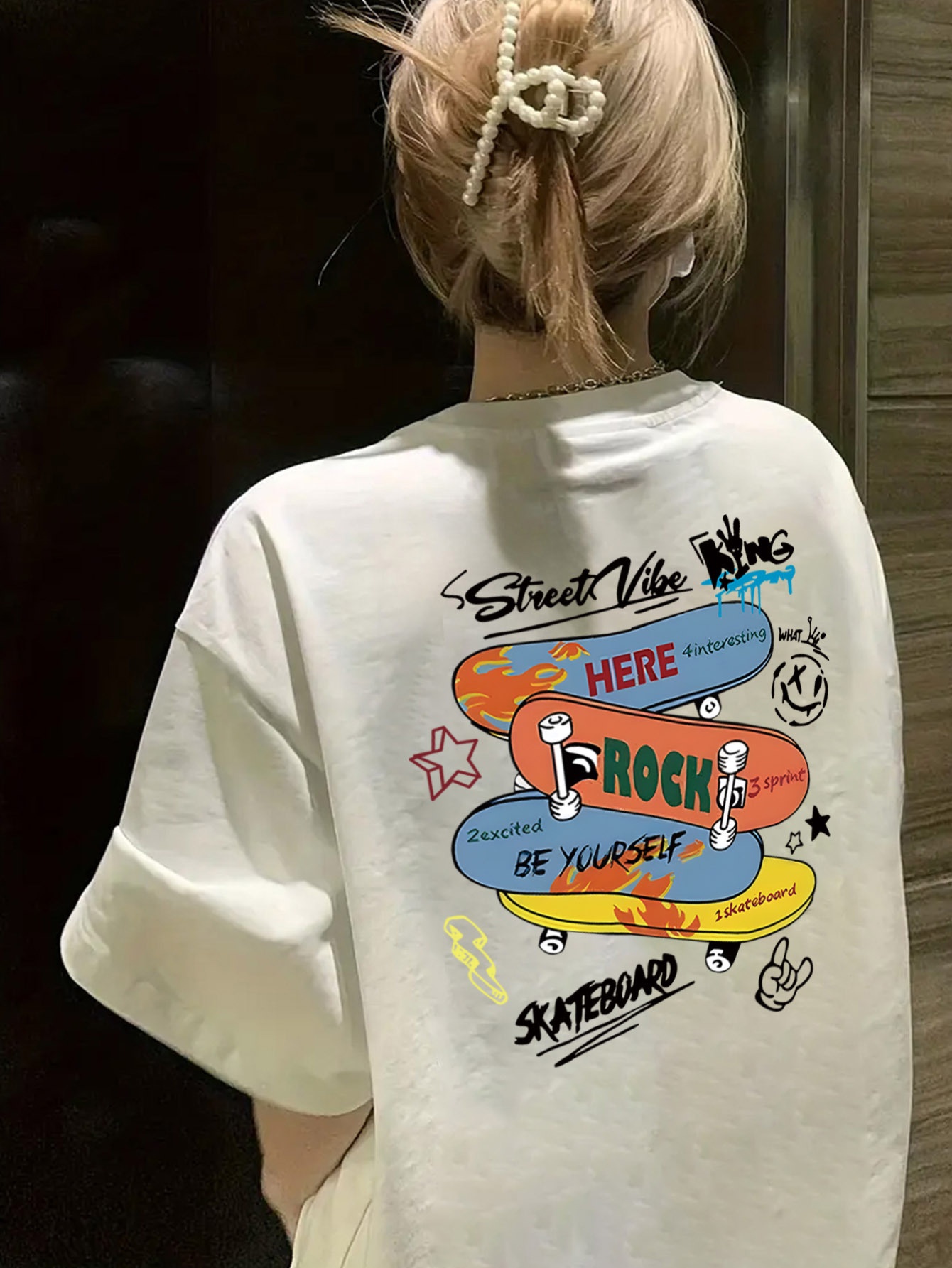 womens summer casual skateboard graphic print t shirt loose fit longline top with cartoon design light yellow round neck short sleeve tee for streetwear everyday outfits outfit addition durable fabric relaxed fit   print shirt women Product details 14