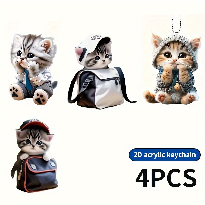 

4pcs Set Of & Cat Pendants - 2d Car Decor, Keychain &