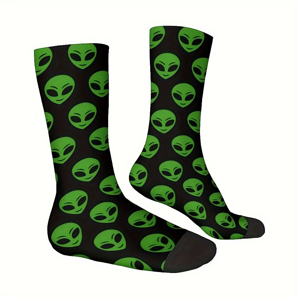 

Men's Mid-calf Alien Pattern Crew Footwear, Breathable Comfort, Novelty Fashion Knit Polyester Blend (95% Polyester, 5% Spandex), Machine Washable, Floral Weave Design - Pack Of 1 Pair