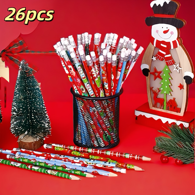 Image of 14/26/50 Christmas Pencils , & Snowman - Wooden Pencils Erasers For Favors, Stuffers, Home & Kitchen Use - No Needed