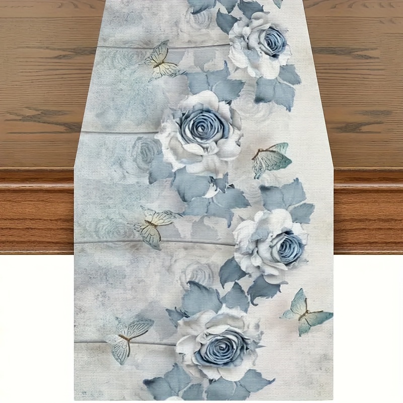 

1pc, Table Runner, Blue Flowers Butterfly Pattern Table Runner, Seasonal Spring Theme Kitchen Dining Table Decoration For Home, Party Decor
