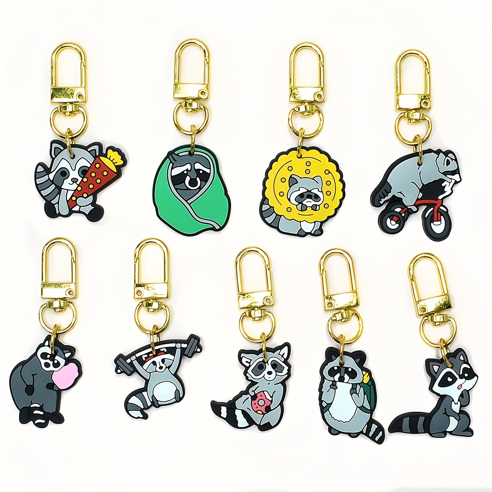Image of Set Of 9 Plastic Raccoon-themed Keychains, Featuring Raccoons , Perfect For Decorating Bags, Purses, Or As Gifts For Birthdays And Parties
