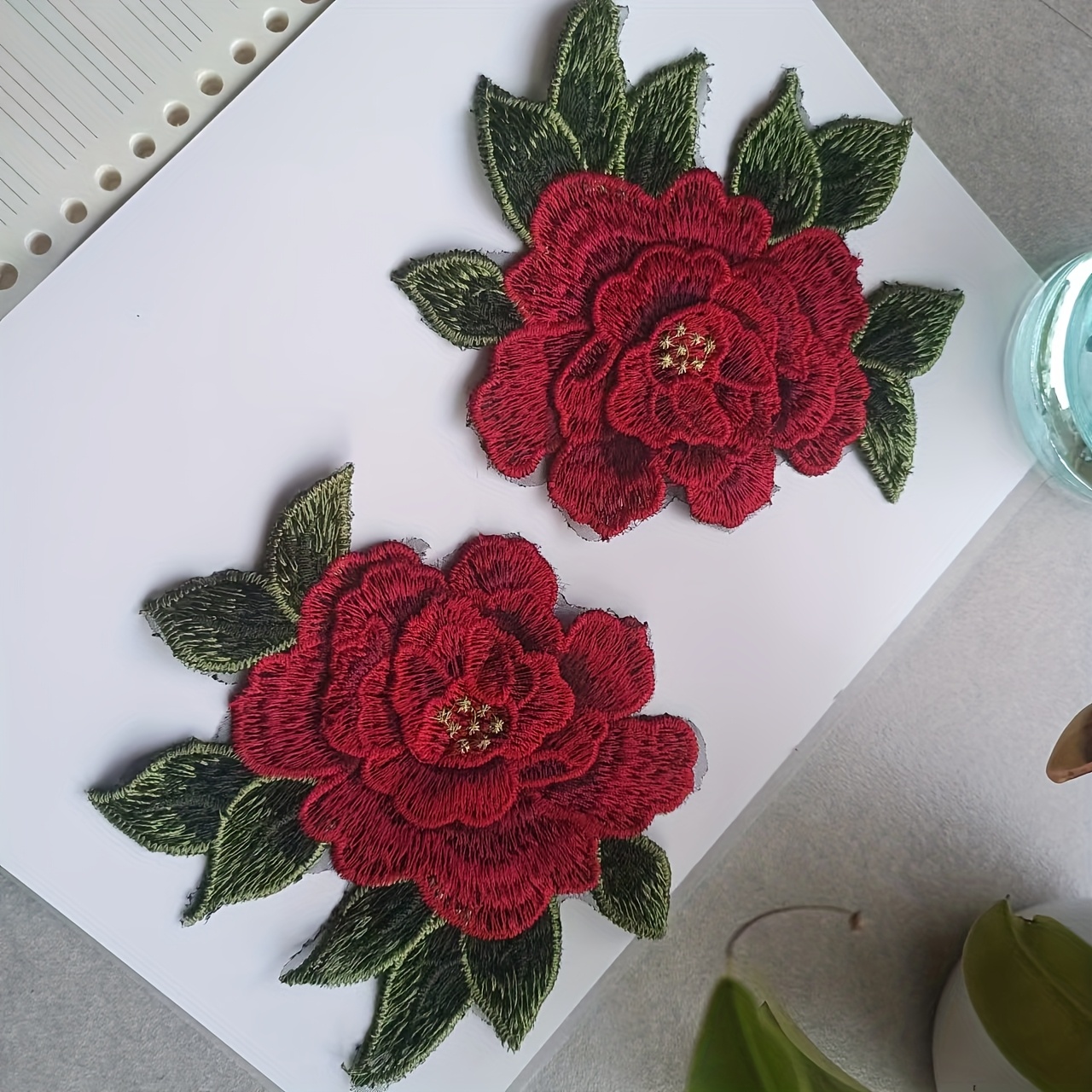 

Red Embroidered Roses Applique For Garment Cloth, Set Of Two, Flowers