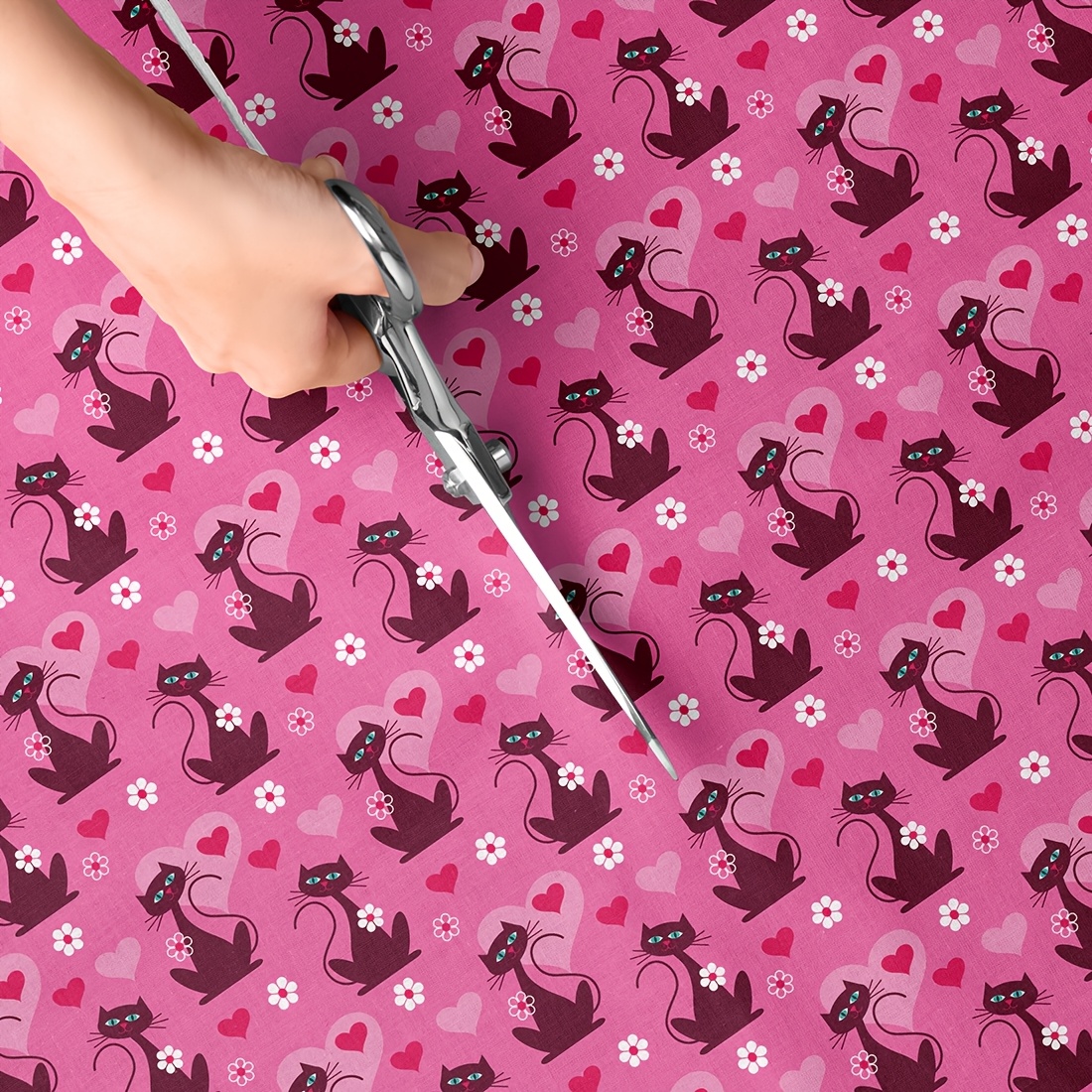 TEMU Tessuto 1 pz con Stampa Gatto a Cuore - 59 x 19,68 Pollici (150 x 50 cm) Tessuto in Poliestere Pre- con Motivi , Cuore e - per Cucito Fai da Te