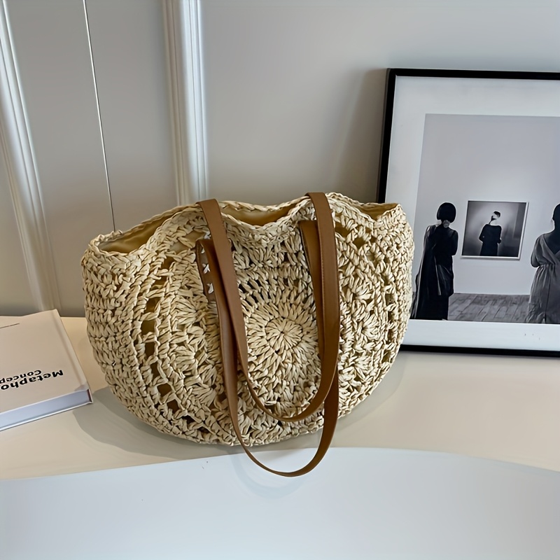 large capacity woven straw tote bag beige brown   beach vacations summer   and casual use beach tote bag elegant casual bag woven straw construction beach bag details 2