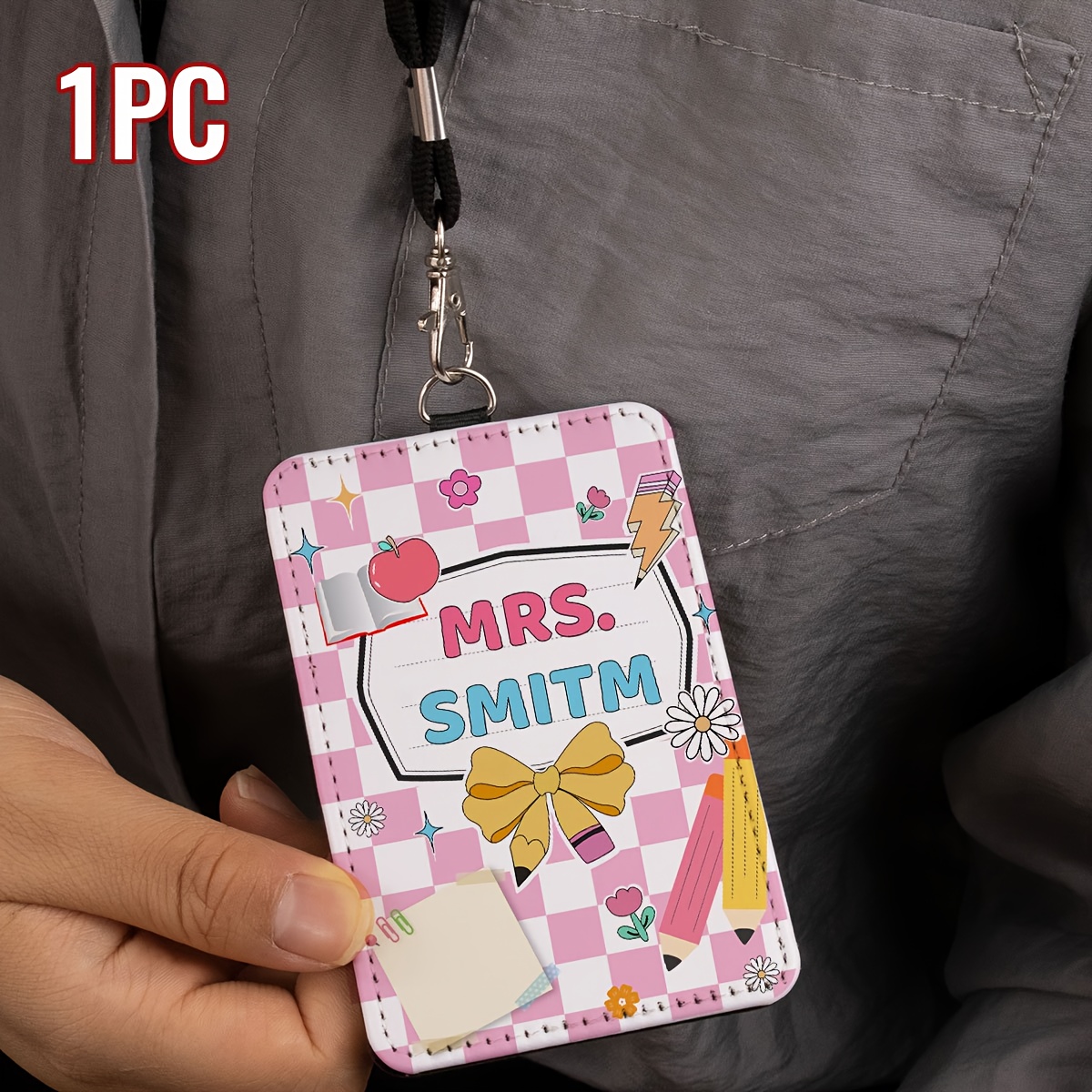 TEMU Custom Work & Nurse Id Badge Holder With Personalized Name/title - School-themed Cartoon Design (pencils, Books, ) - Pu Leather Lanyard Id Card