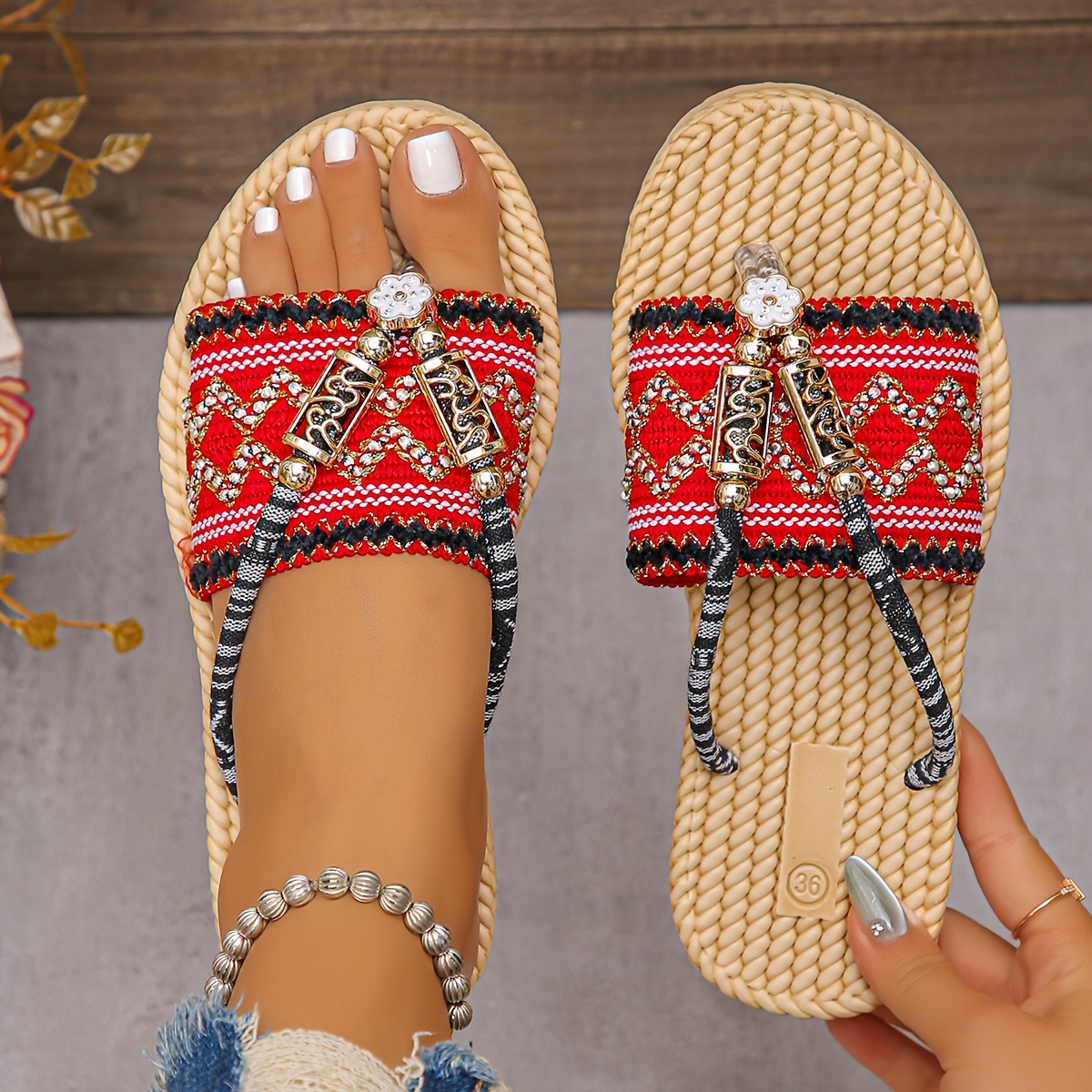 womens elegant chinese ethnic style flat sandals with colorful beaded ankle straps open toe design and braided sole summer casual footwear casual footwear ethnic style sandals woven sole sandals Product details 12
