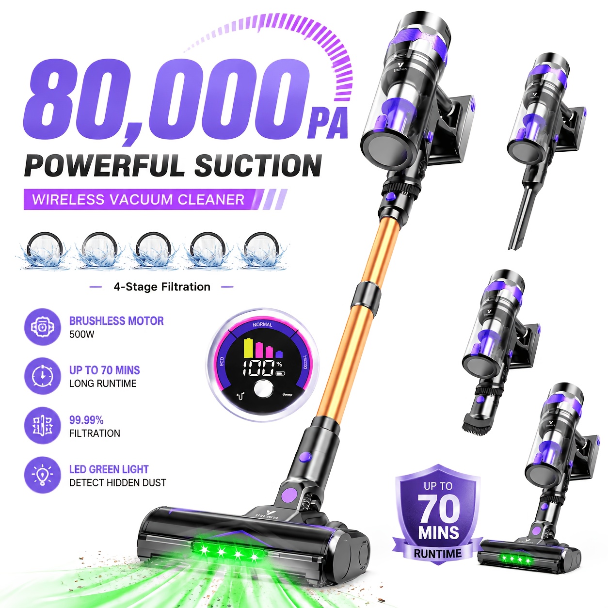 Image of 80, 000pa , 500w Powerful Motor, Long , Anti- Brush, Green Led Dust Detection, , 6-in-1 Handheld Vacuum With Led Display And Hepa Filtration For Home Cleaning