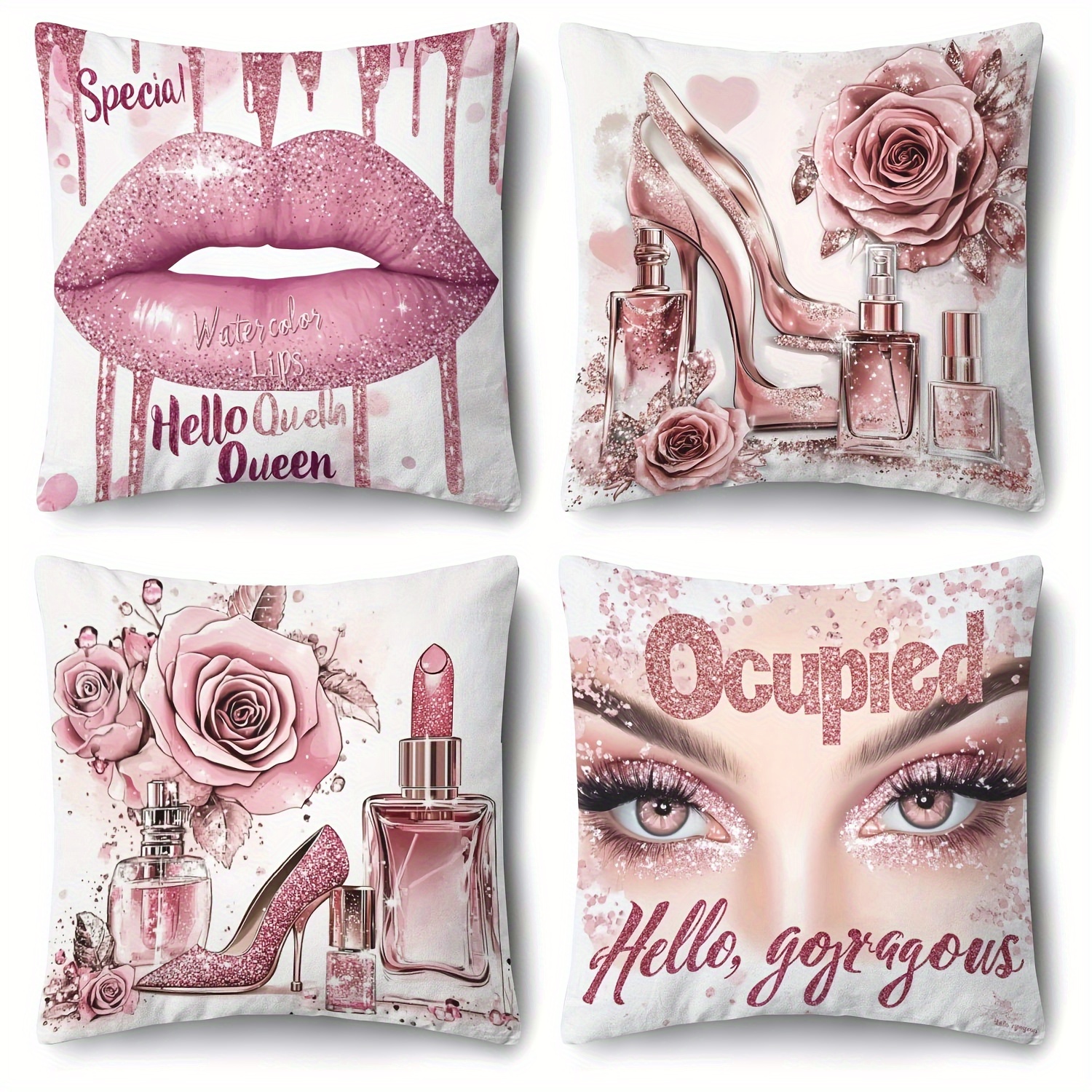 

4-pack Pink Lipstick & High Heels Throw Pillow Covers, 18x18 Inch, Zippered Polyester Cushion Cases For Sofa, Bed, Car, And Living Room Decor - Machine Washable