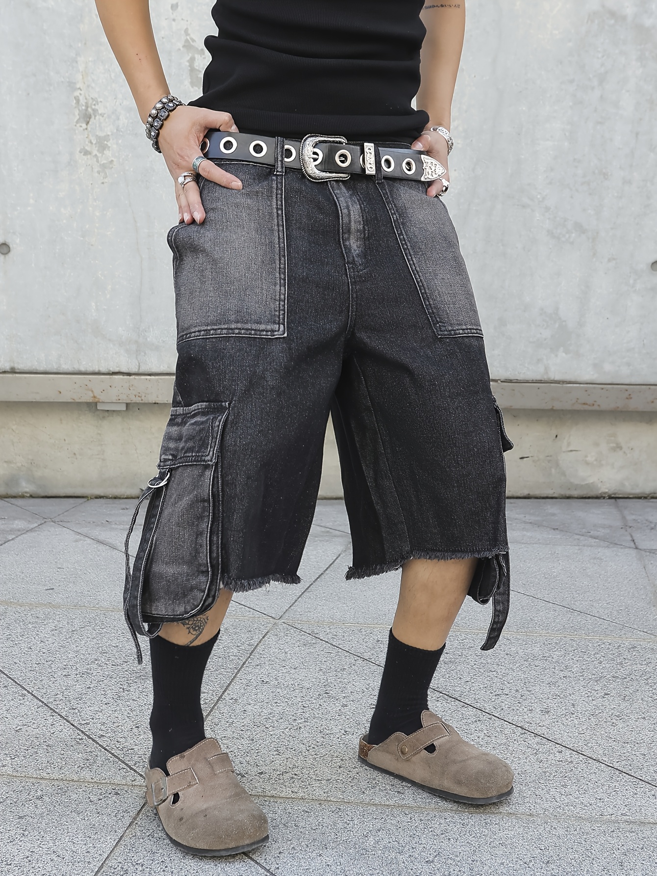 mens wide leg denim capri shorts washed Temu