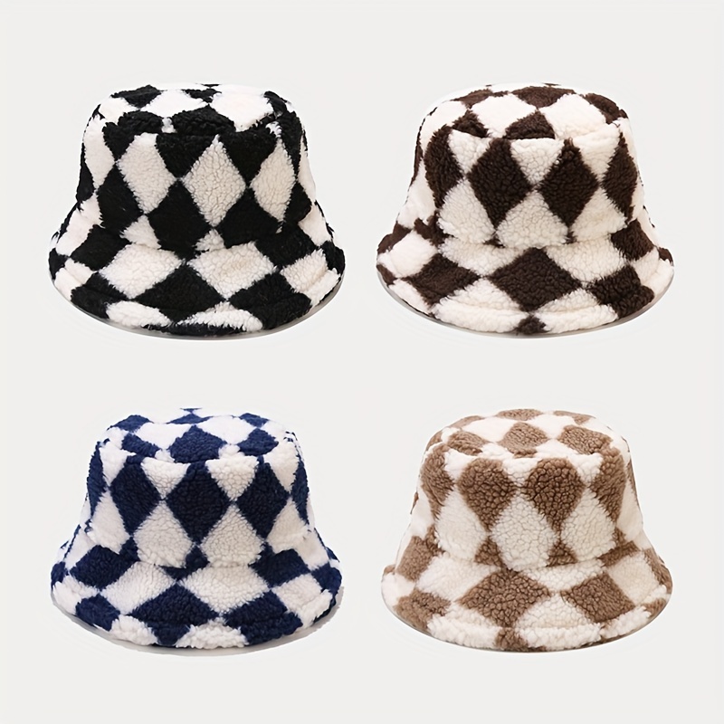 

Fleece-lined Diamond Pattern Bucket Hat - , Warm & Stylish For Winter