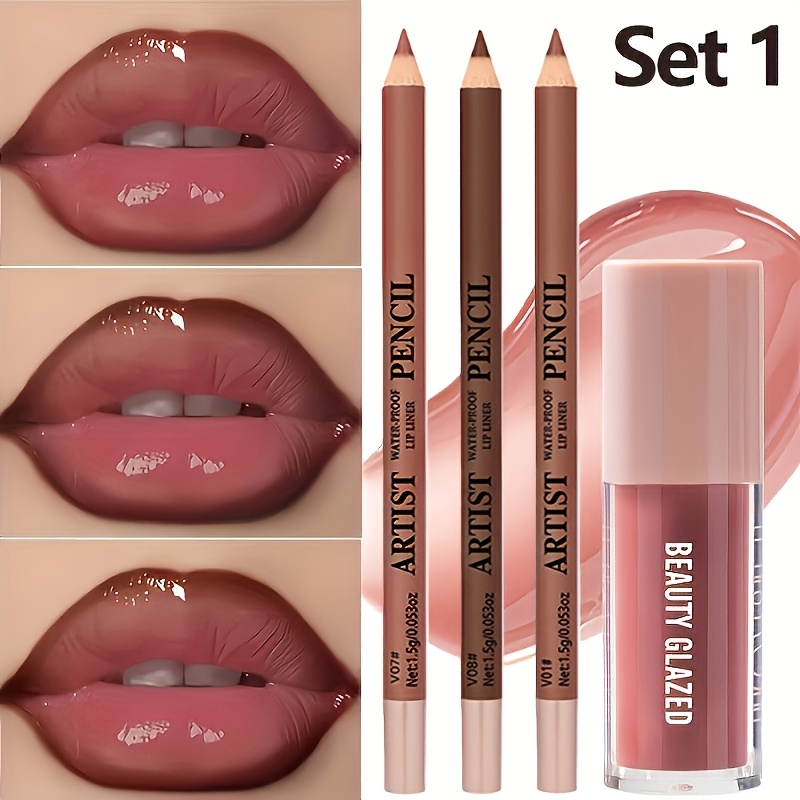 4pcs Glossy Lip Glaze & 3pcs Lip Liner Set - Waterproof, Long-lasting Lip Gloss With Moisturizing Liquid Formula, Tinted Lip Liners For - Suitable For Skin Types (4+3)