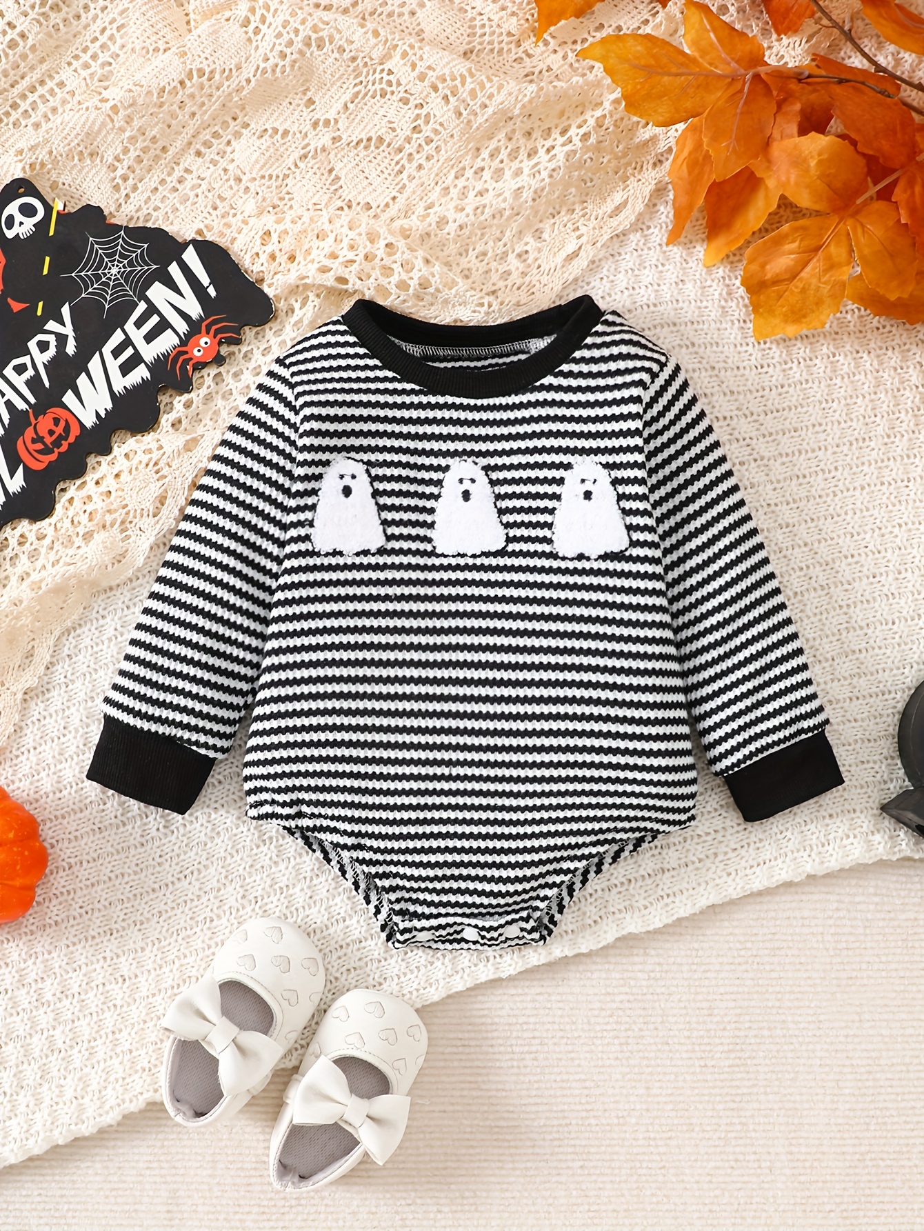 Autumn-Winter Cute Halloween Outfit for Babies: Striped Long-Sleeve Bodysuit with Adorable Embroidery – Perfect Gift Idea,   Outdoor
