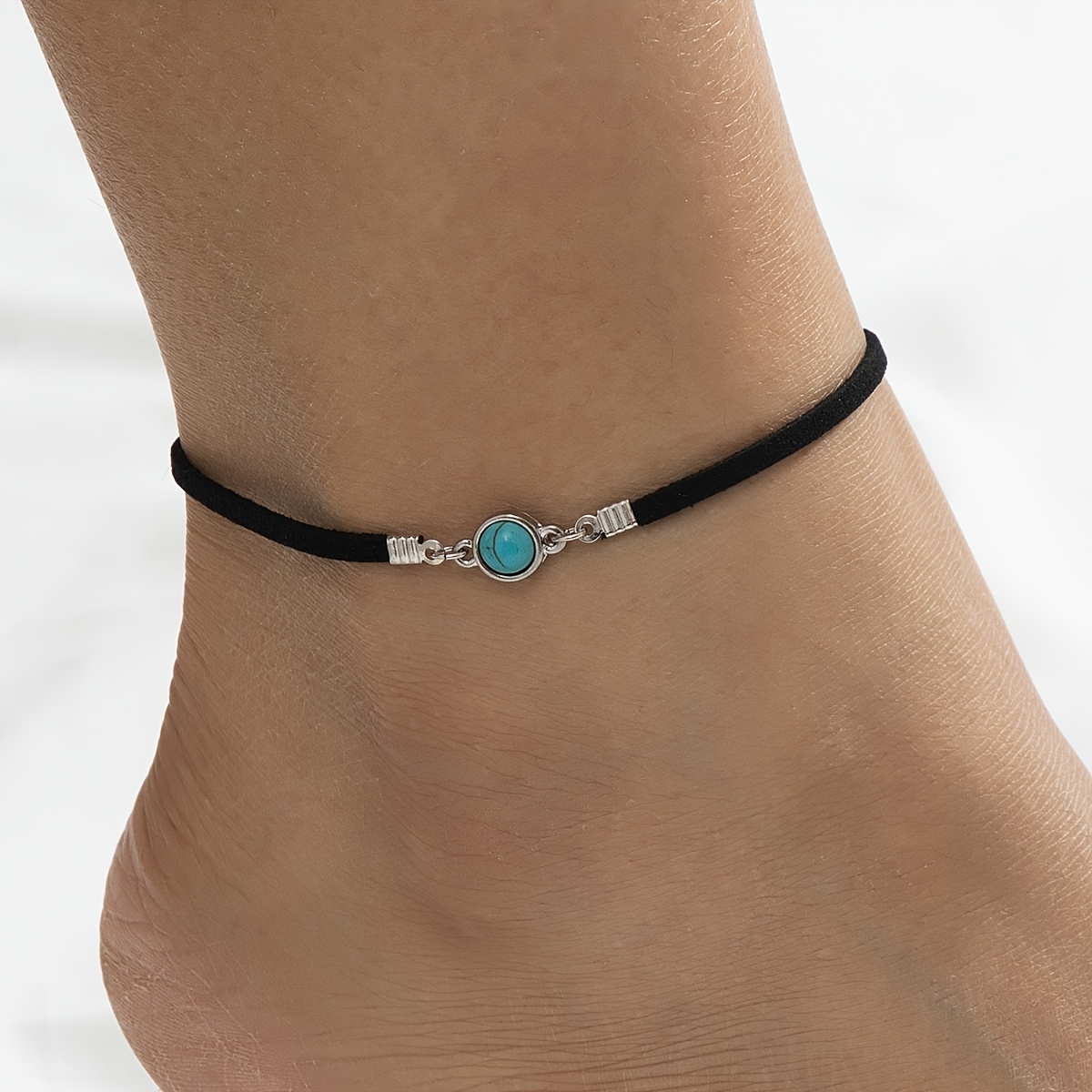 TEMU Un tobillero coreano de terciopelo negro, elegante y versátil, adornado con piedra de luna, , , y otras piedras coloridas. Esta pieza retro ,