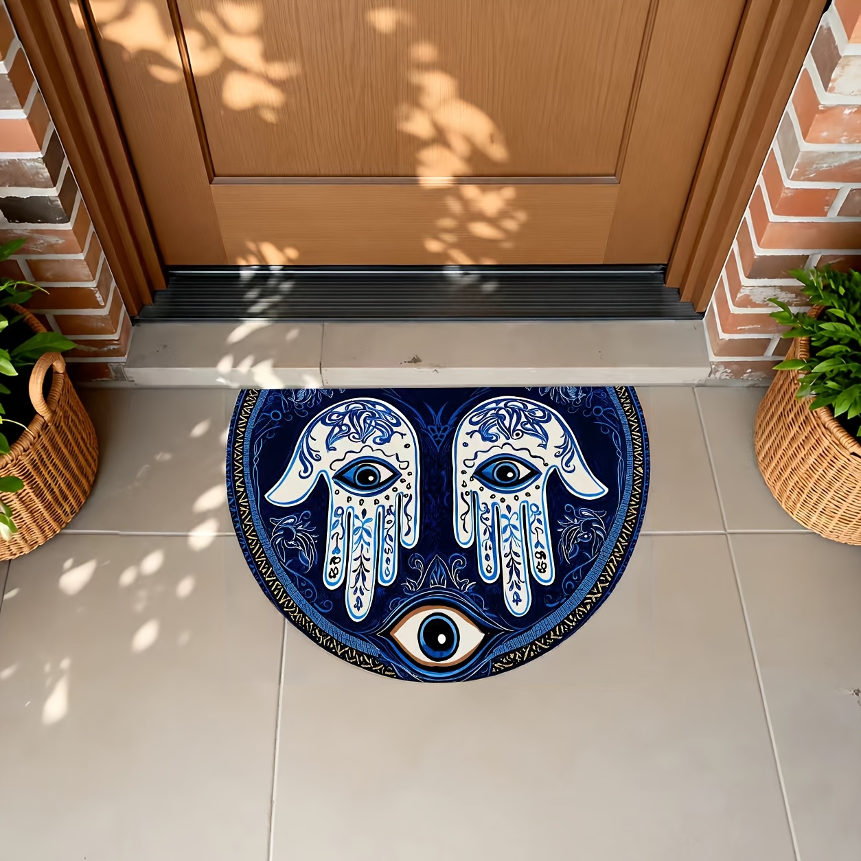 TEMU Tapis de sol imprimé plat 2D HD, 1 pièce, paillasson semi-circulaire, motif main de bleue avec œil , paillasson en flanelle douce, convient pour