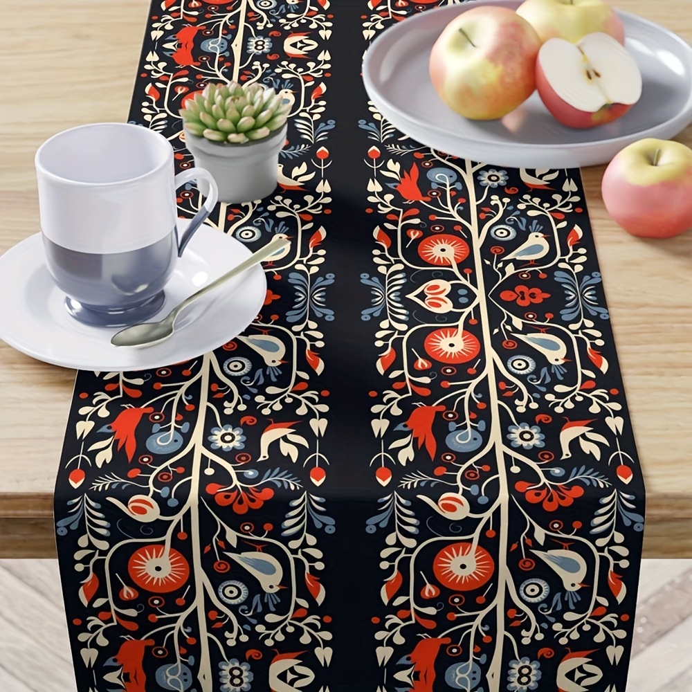 

1pc Vintage Floral Print Table Runner - Polyester Fabric, Seasonal Home Kitchen Mat For Coffee Shops, Outdoor Garden Banquets, Red And Black Decorative Table Flag - No Electricity Needed