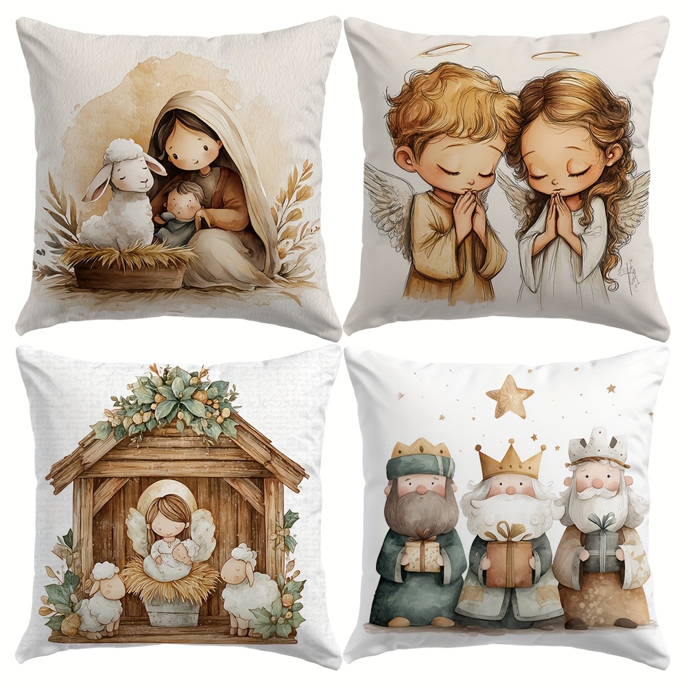 TEMU 4 fundas de cojín navideñas temáticas de 18X18 pulgadas, poliéster. Decoración de , ángeles y sabios para sofá ( 4 fundas de cojín, no rellenos